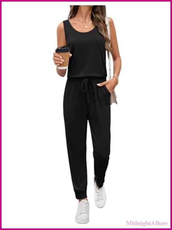 Pants - Sleeveless Scoop Neck Jumpsuit for Women Casual Stretchy Long Pants Romper